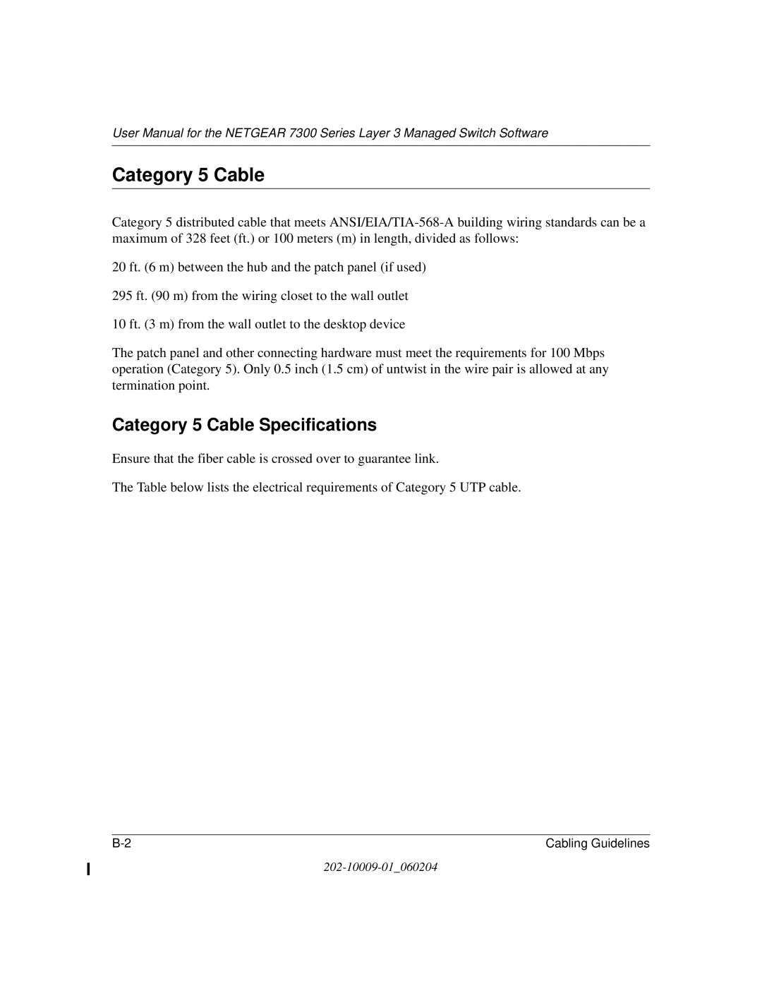 NETGEAR 7300 Series user manual Category 5 Cable Specifications 