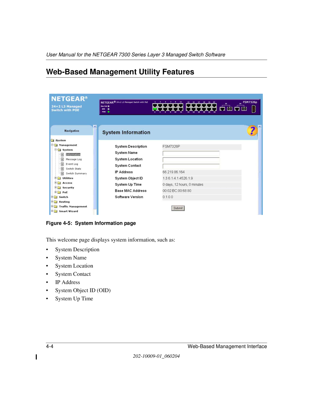 NETGEAR 7300 Series user manual Web-Based Management Utility Features, System Information 