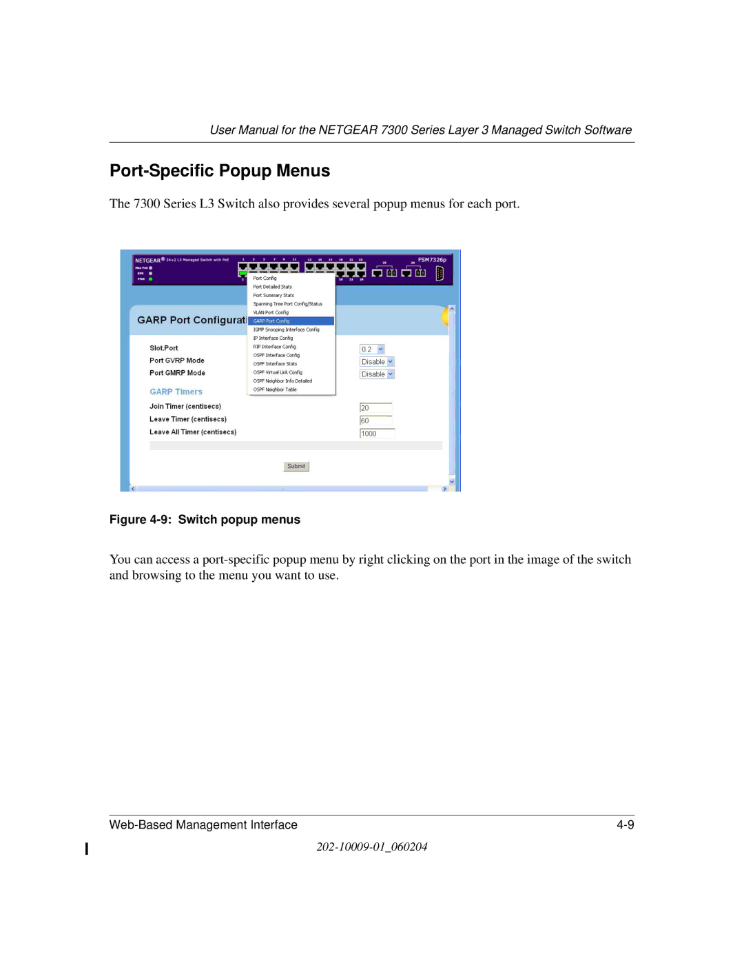 NETGEAR 7300 Series user manual Port-Specific Popup Menus 