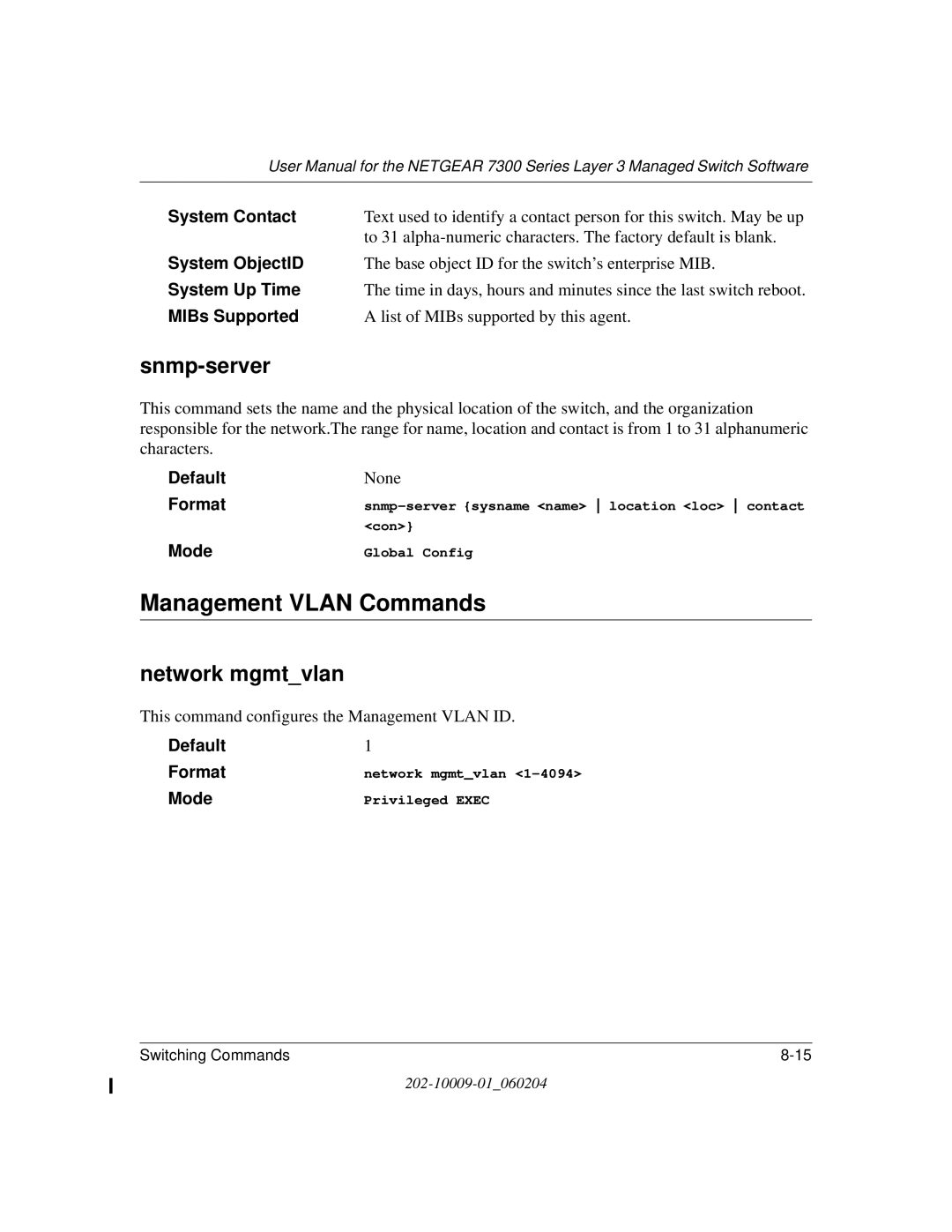 NETGEAR 7300 Series user manual Management Vlan Commands, Snmp-server, Network mgmtvlan 