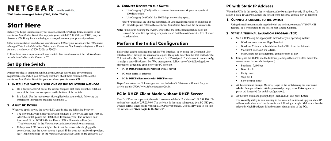 NETGEAR 7300 installation instructions Set Up the Switch, Perform the Initial Configuration, PC with Static IP Address 