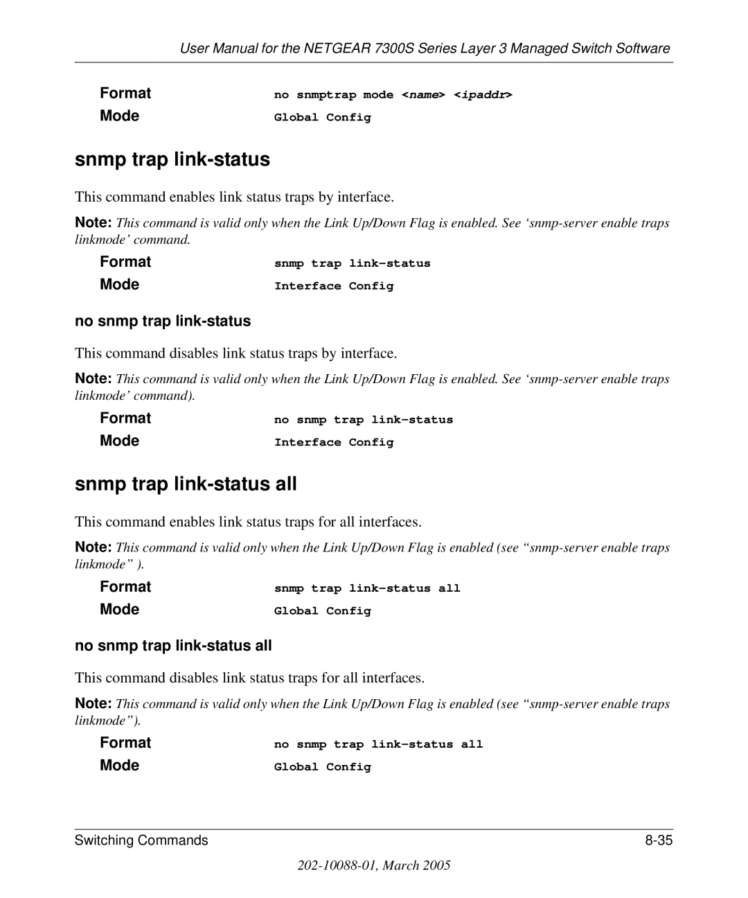 NETGEAR 7300S manual Snmp trap link-status all, No snmp trap link-status all 