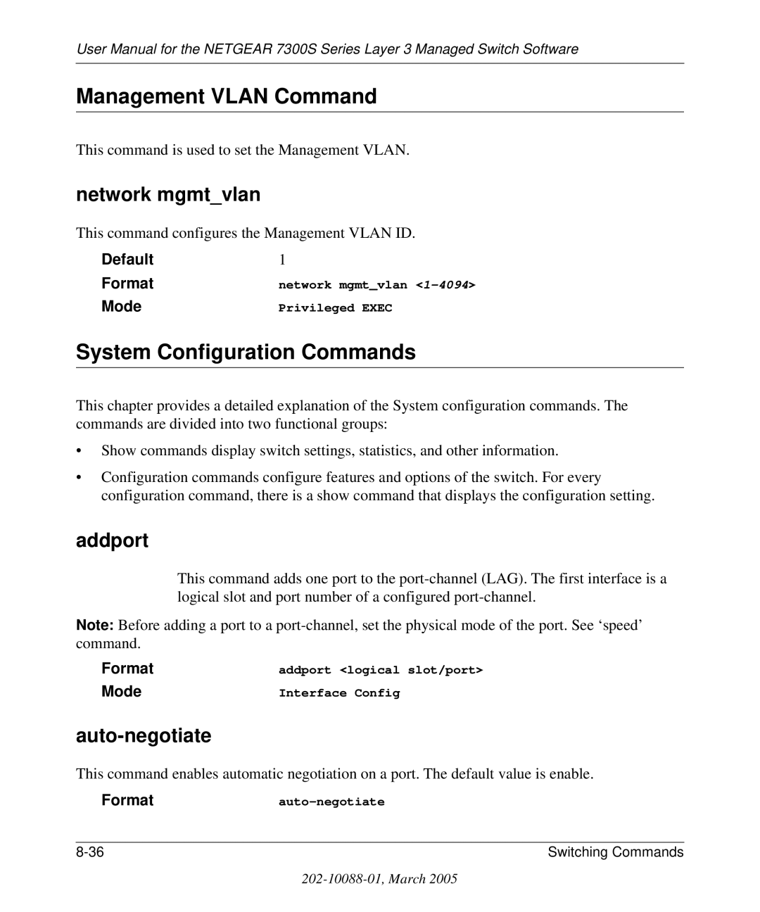 NETGEAR 7300S manual Management Vlan Command, System Configuration Commands, Network mgmtvlan, Addport, Auto-negotiate 