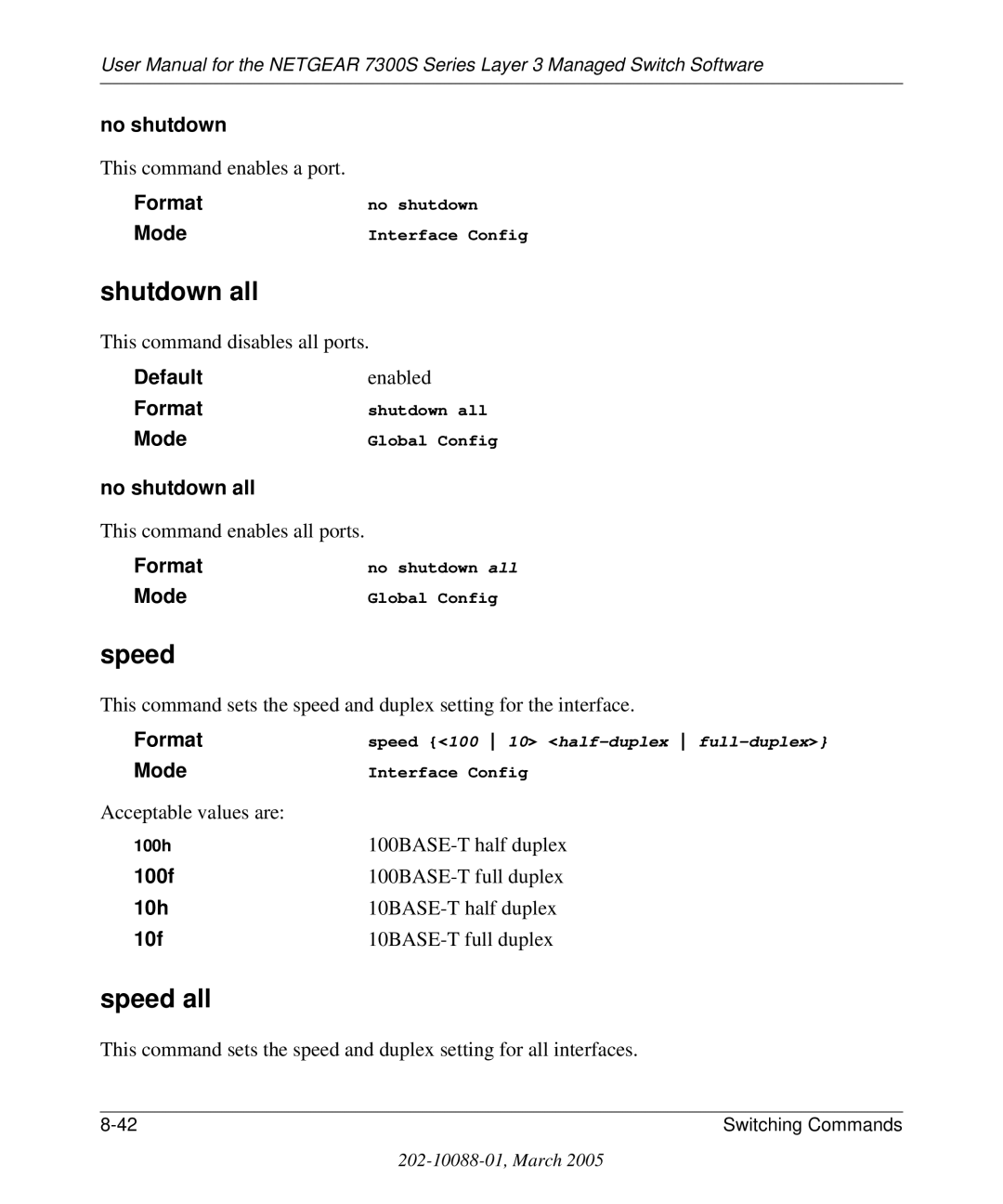 NETGEAR 7300S manual Shutdown all, Speed all, No shutdown, 100f 10h 10f 