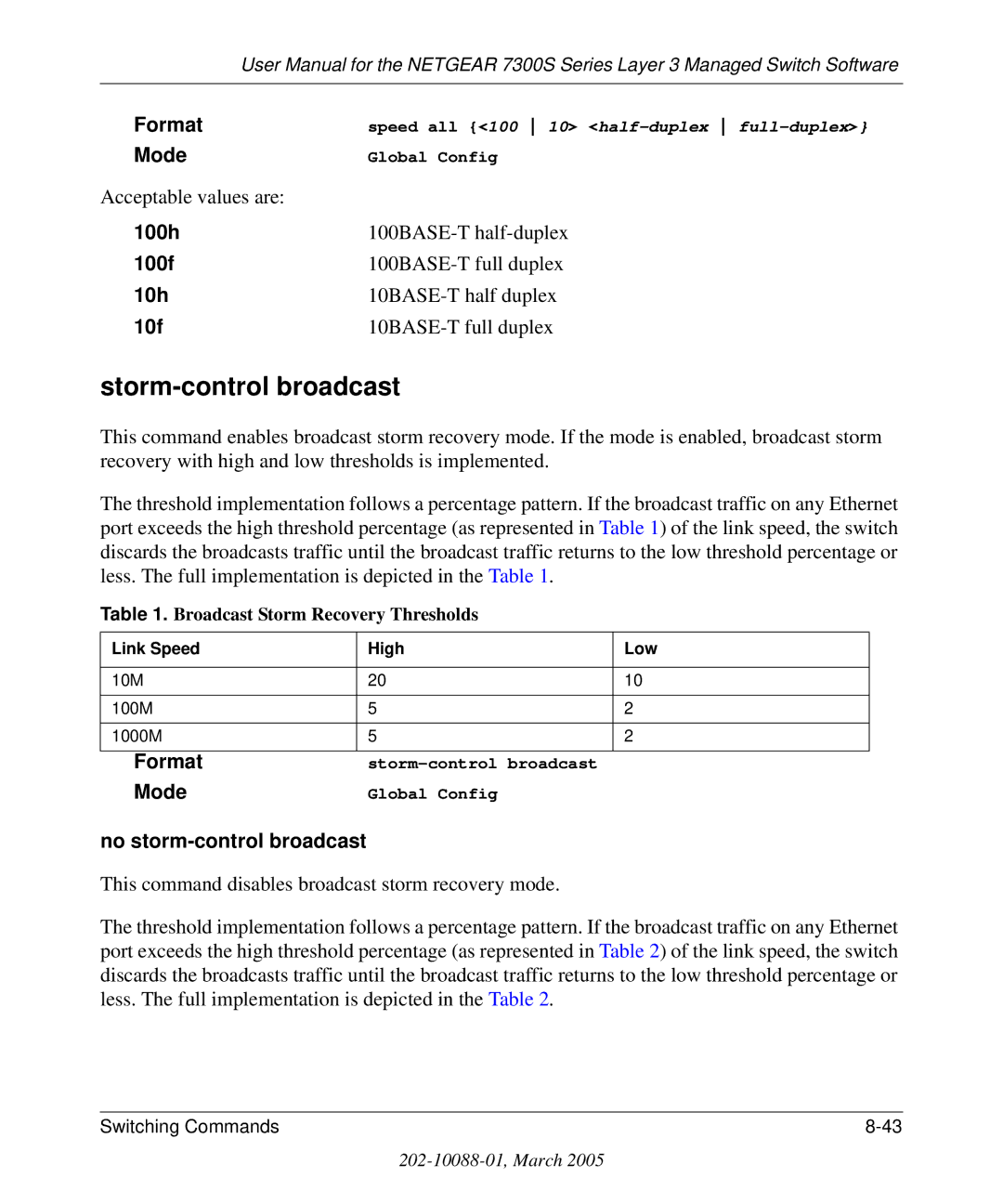 NETGEAR 7300S manual Storm-control broadcast, 100h, 100f, No storm-control broadcast 