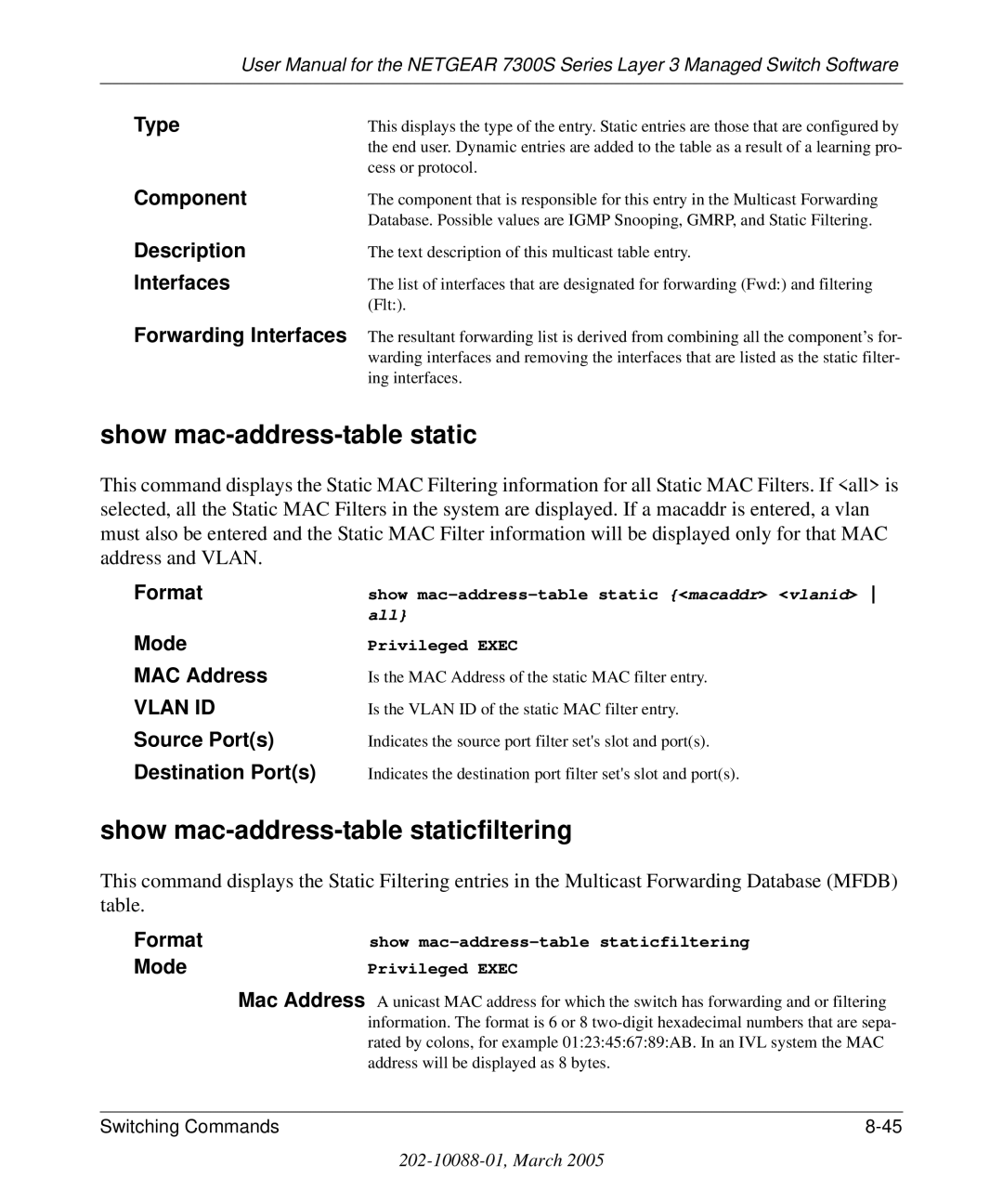 NETGEAR 7300S manual Show mac-address-table staticfiltering 