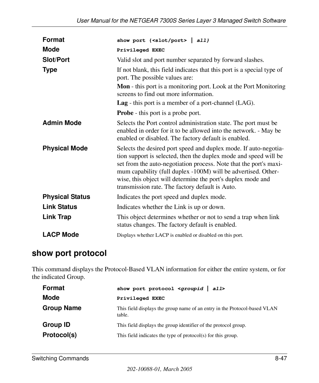 NETGEAR 7300S manual Show port protocol 