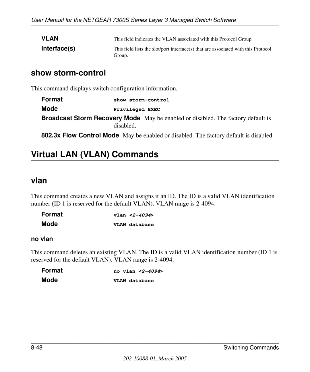 NETGEAR 7300S manual Virtual LAN Vlan Commands, Show storm-control, No vlan 