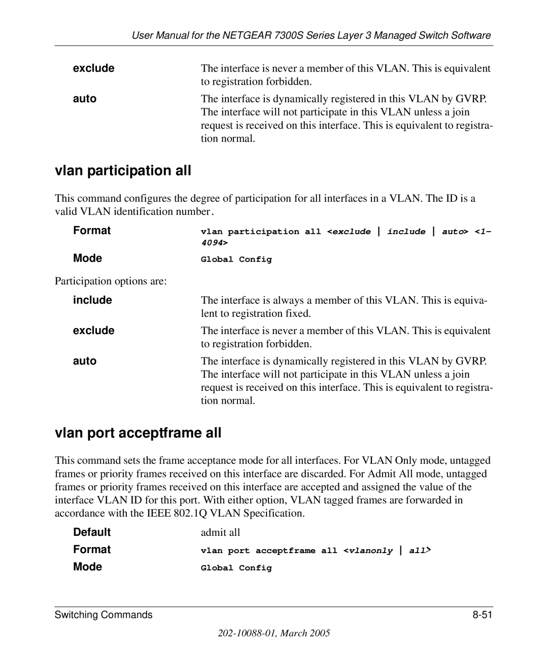 NETGEAR 7300S manual Vlan participation all, Vlan port acceptframe all, Exclude, Auto 