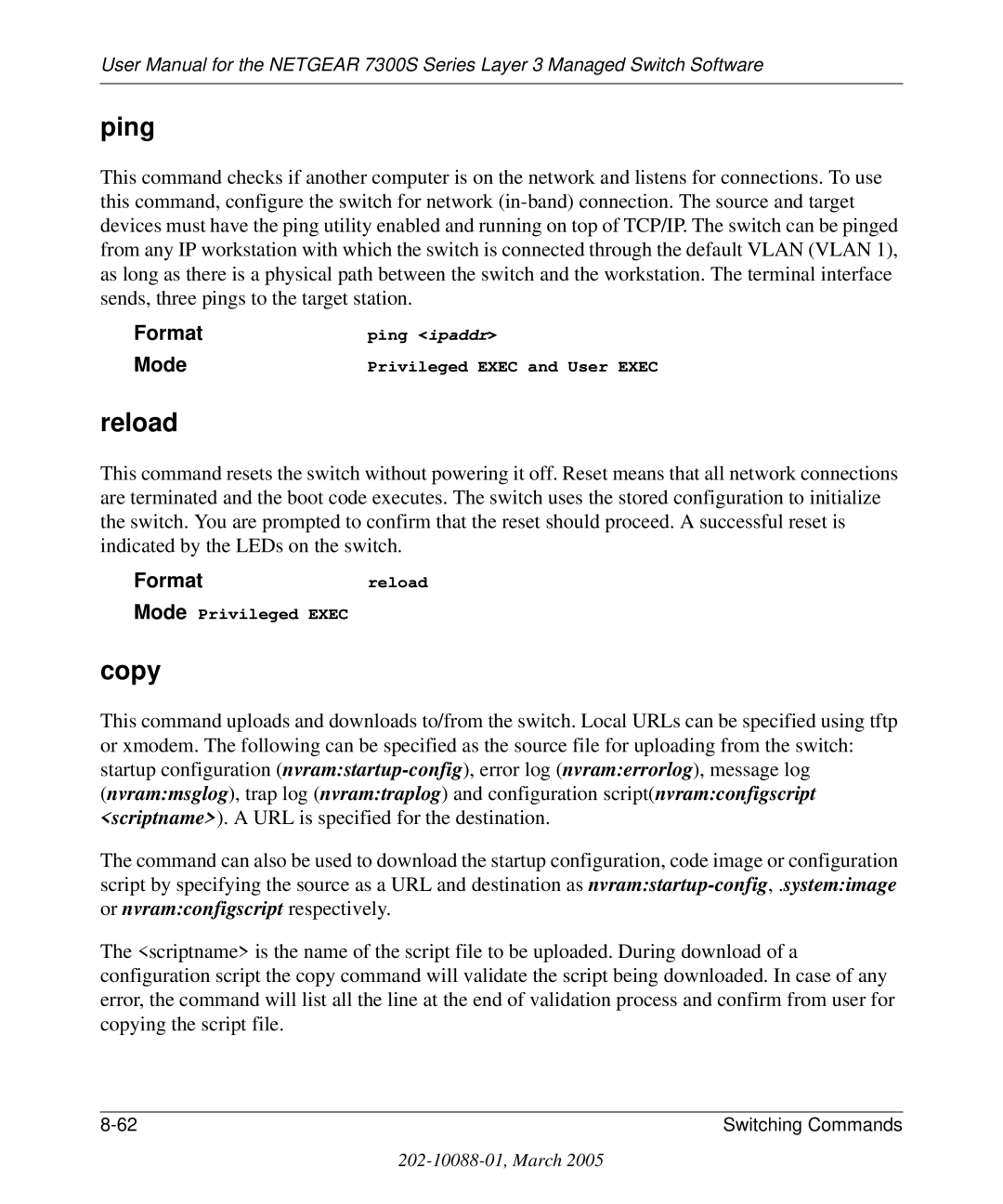 NETGEAR 7300S manual Ping, Reload, Copy, Formatreload 