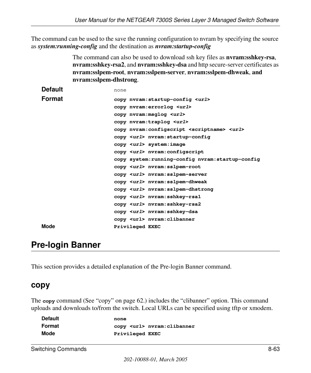 NETGEAR 7300S manual Pre-login Banner, Default 