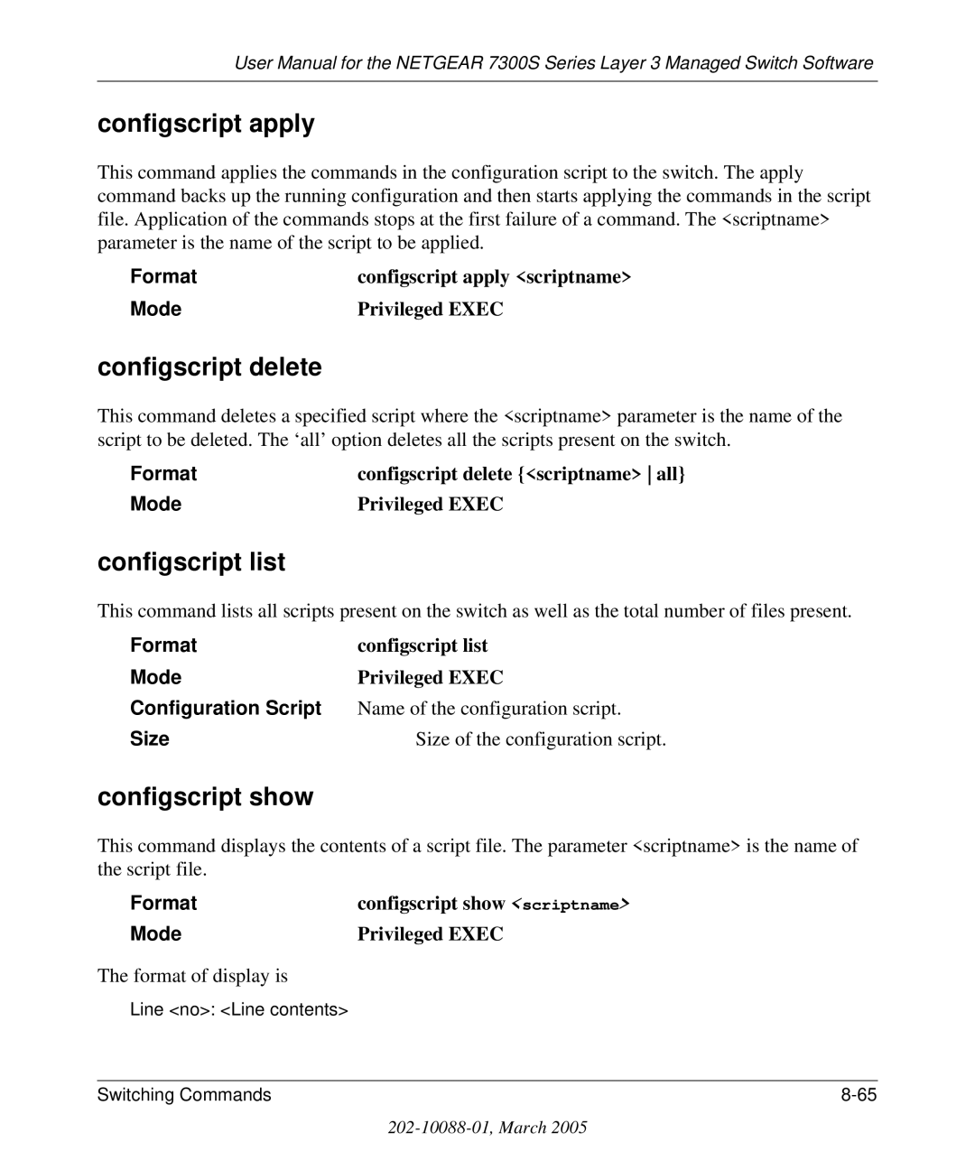 NETGEAR 7300S manual Configscript apply, Configscript delete, Configscript list, Configscript show 