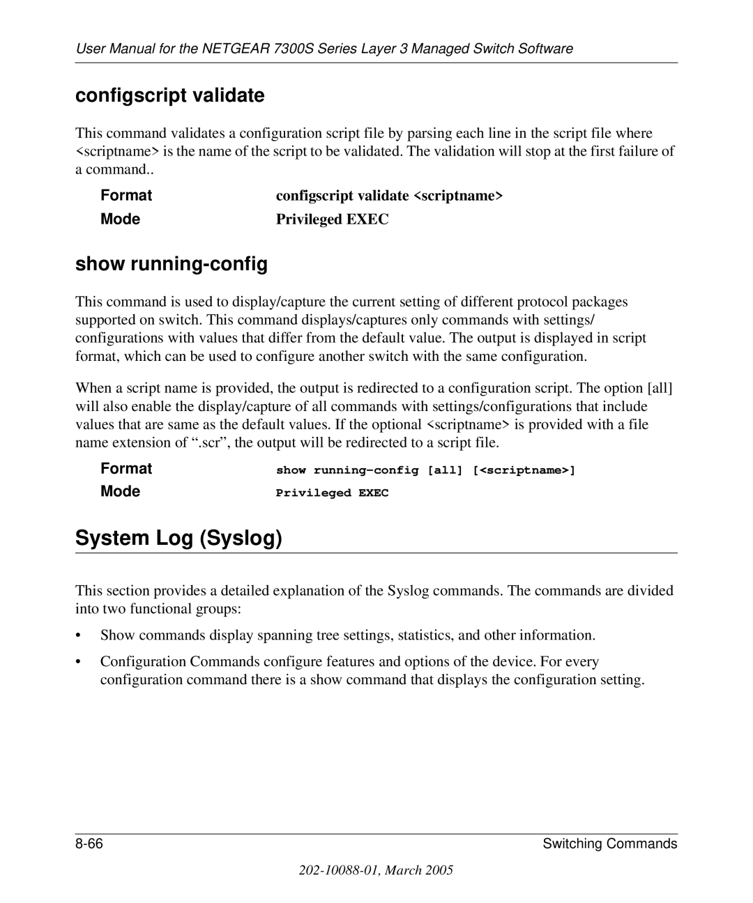 NETGEAR 7300S manual System Log Syslog, Configscript validate 