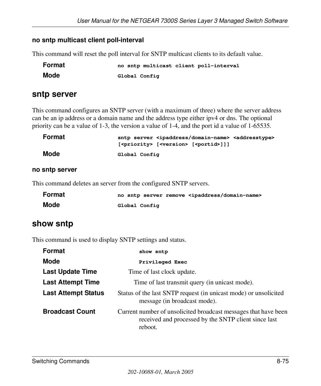 NETGEAR 7300S manual Sntp server, Show sntp 