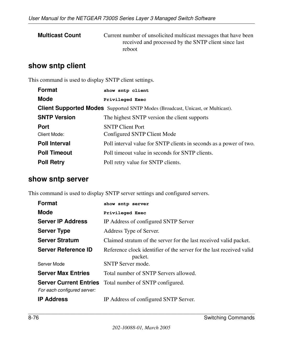 NETGEAR 7300S manual Show sntp client, Show sntp server 