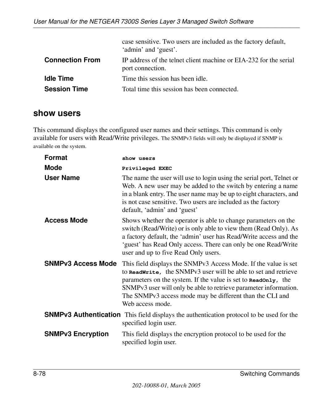 NETGEAR 7300S manual Show users, Connection From, Idle Time, Session Time 