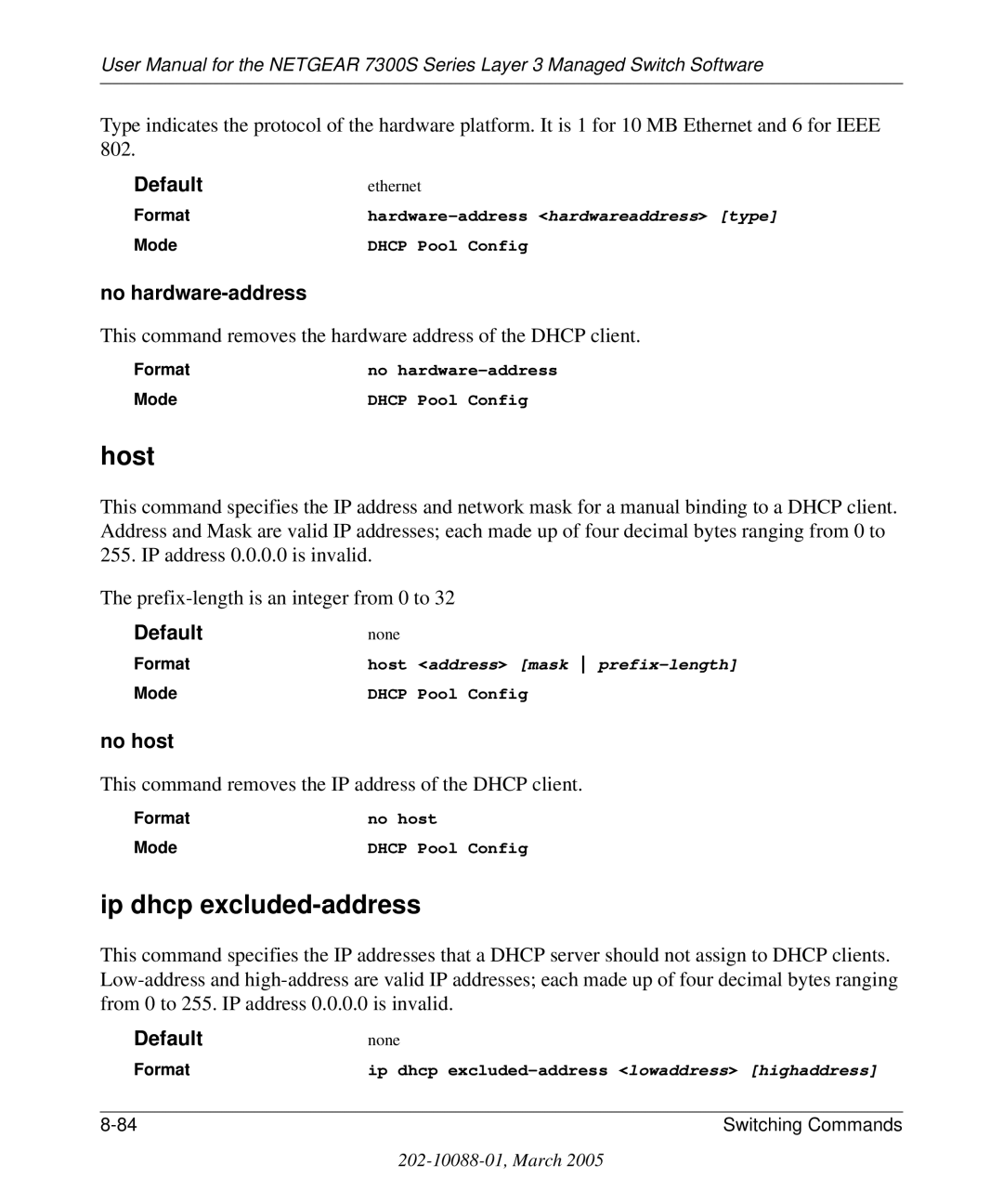 NETGEAR 7300S manual Host, Ip dhcp excluded-address, No hardware-address, No host 