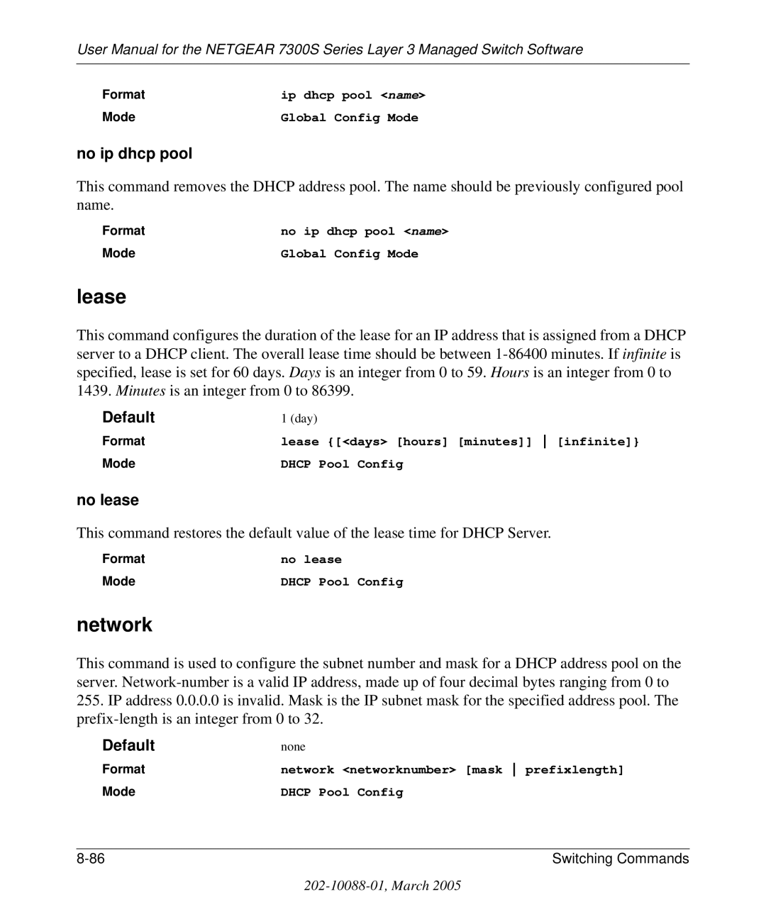 NETGEAR 7300S manual Lease, Network, No ip dhcp pool, No lease 