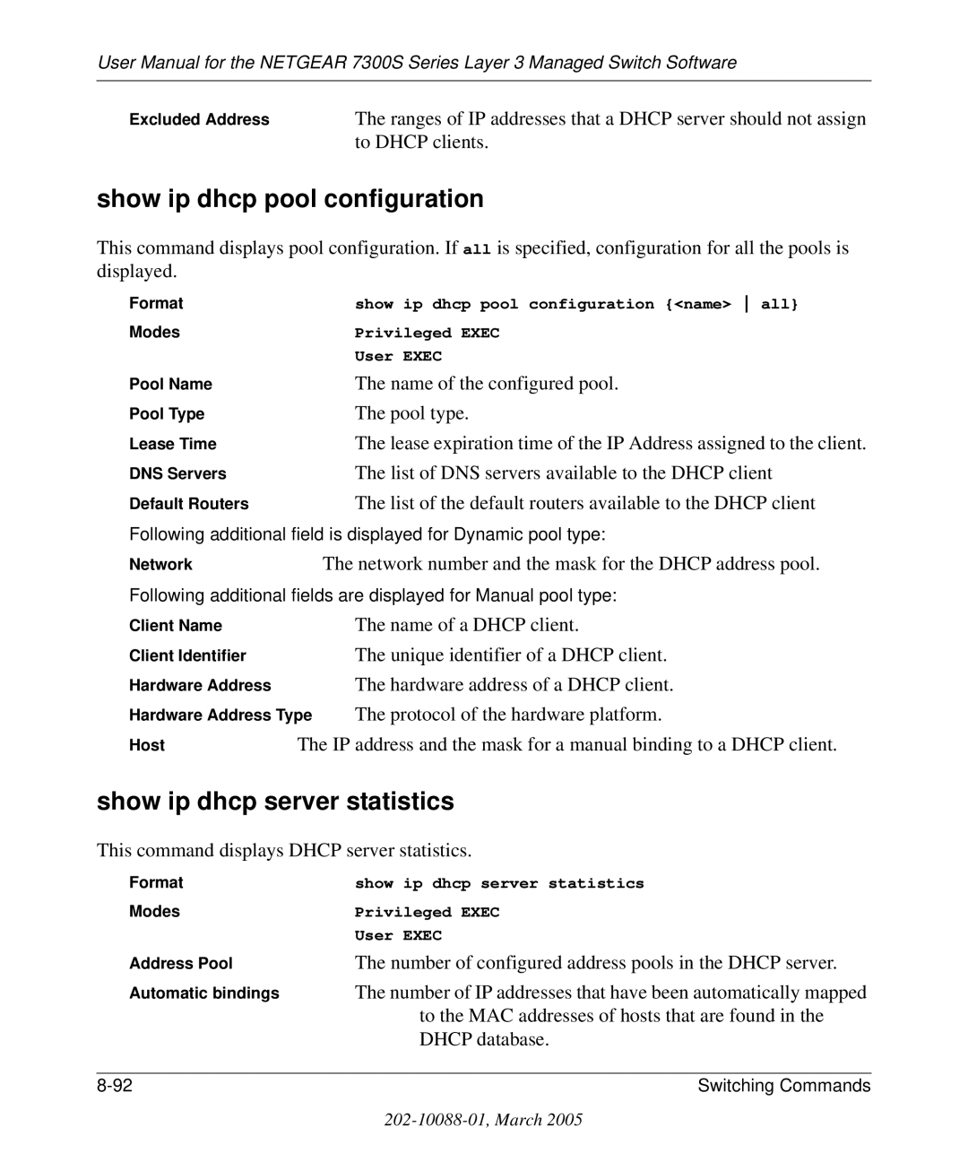 NETGEAR 7300S manual Show ip dhcp pool configuration, Show ip dhcp server statistics 