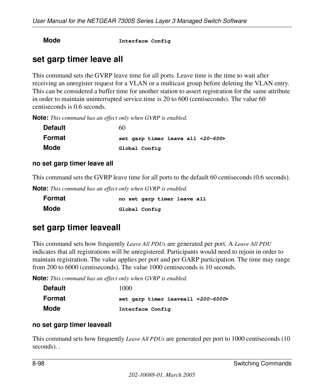 NETGEAR 7300S Set garp timer leave all, Set garp timer leaveall, No set garp timer leave all, No set garp timer leaveall 