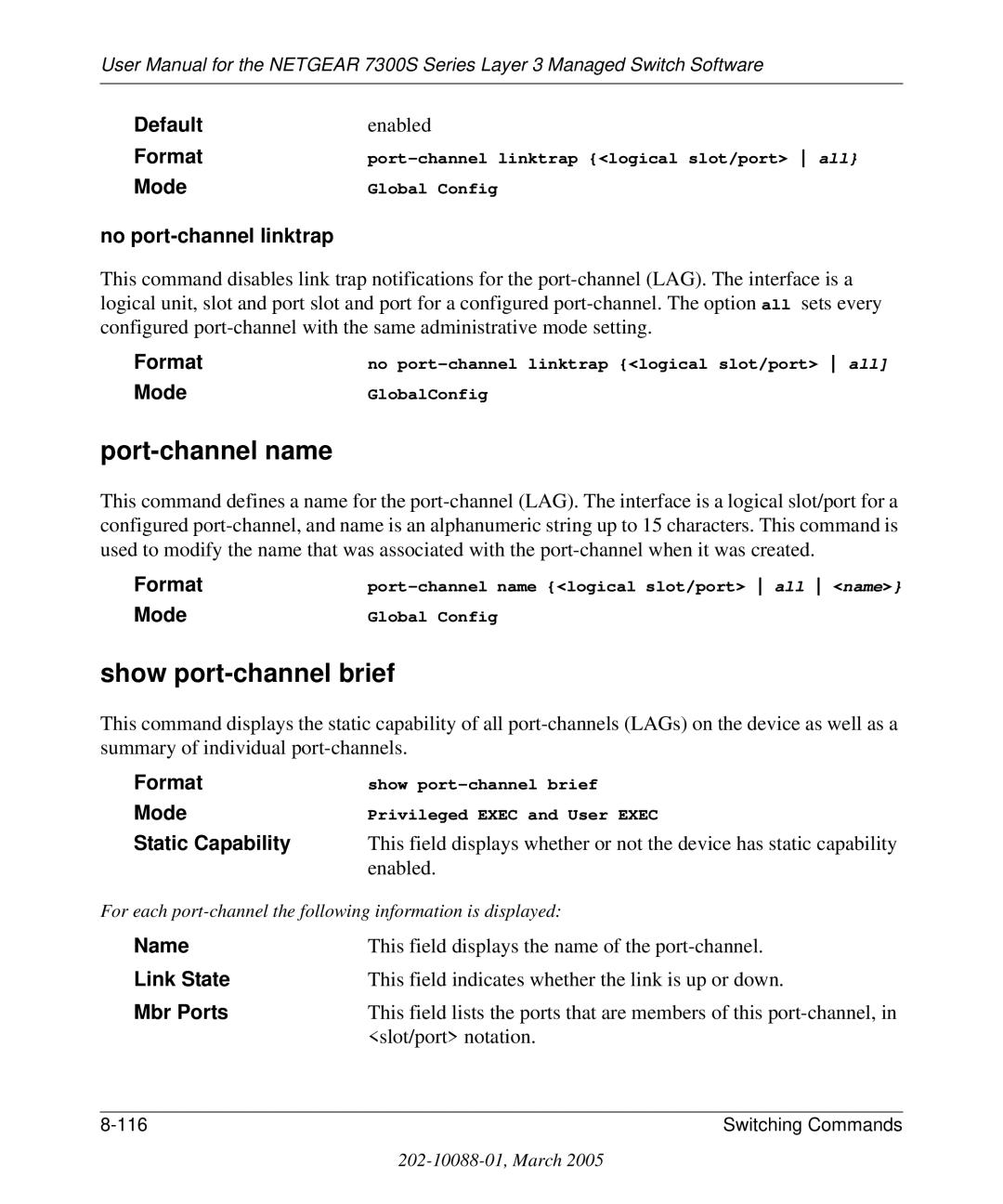 NETGEAR 7300S manual Port-channel name, Show port-channel brief 