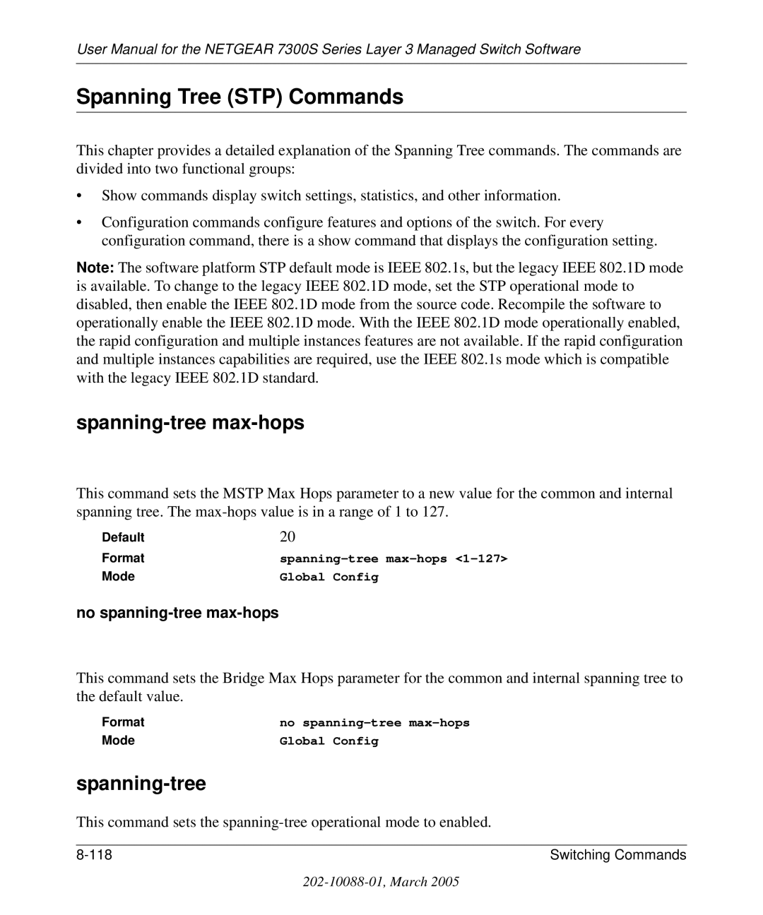 NETGEAR 7300S manual Spanning Tree STP Commands, Spanning-tree max-hops, No spanning-tree max-hops 