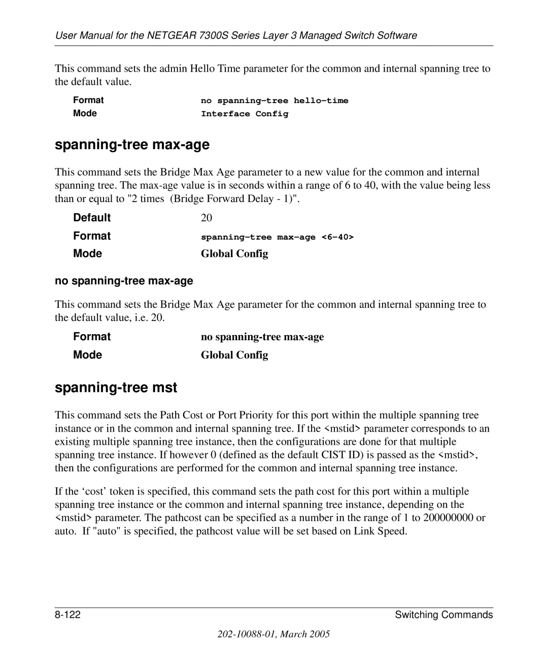 NETGEAR 7300S manual Spanning-tree max-age, Spanning-tree mst, No spanning-tree max-age 