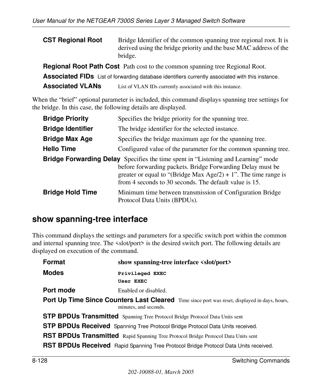 NETGEAR 7300S manual Show spanning-tree interface, Port mode 