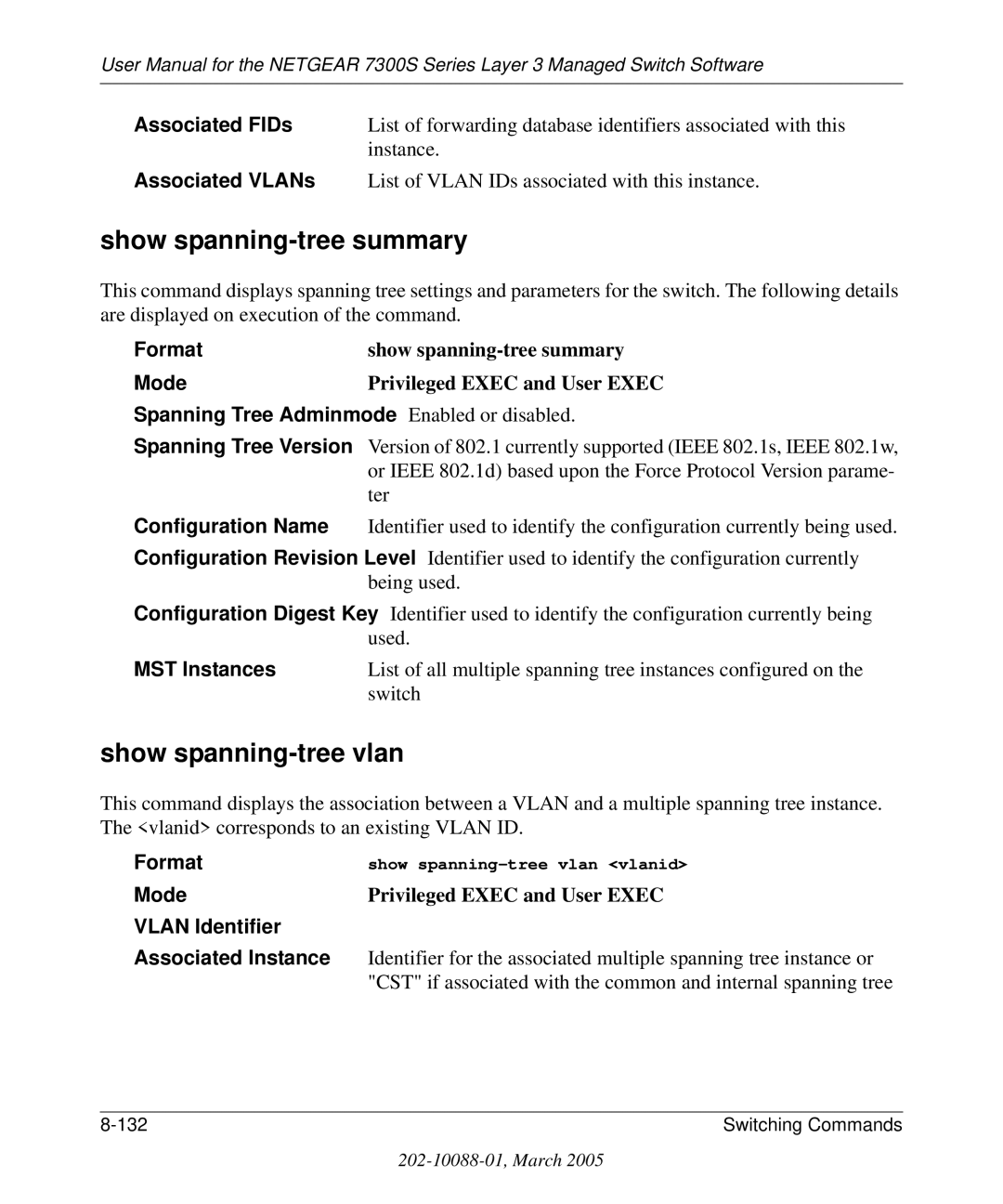 NETGEAR 7300S manual Show spanning-tree summary, Show spanning-tree vlan 