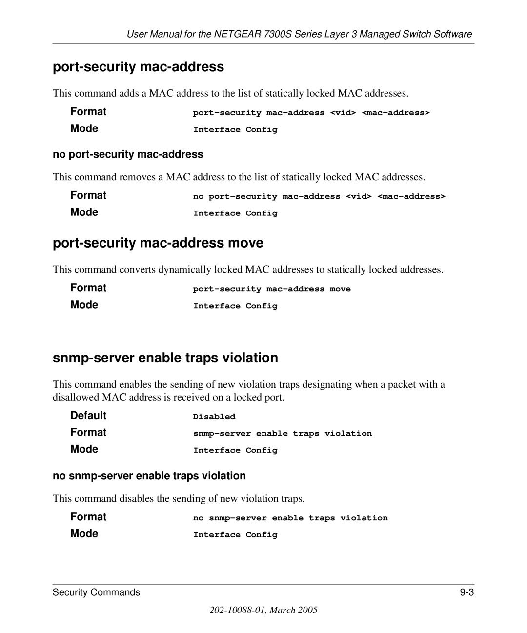 NETGEAR 7300S manual Port-security mac-address move, Snmp-server enable traps violation, No port-security mac-address 