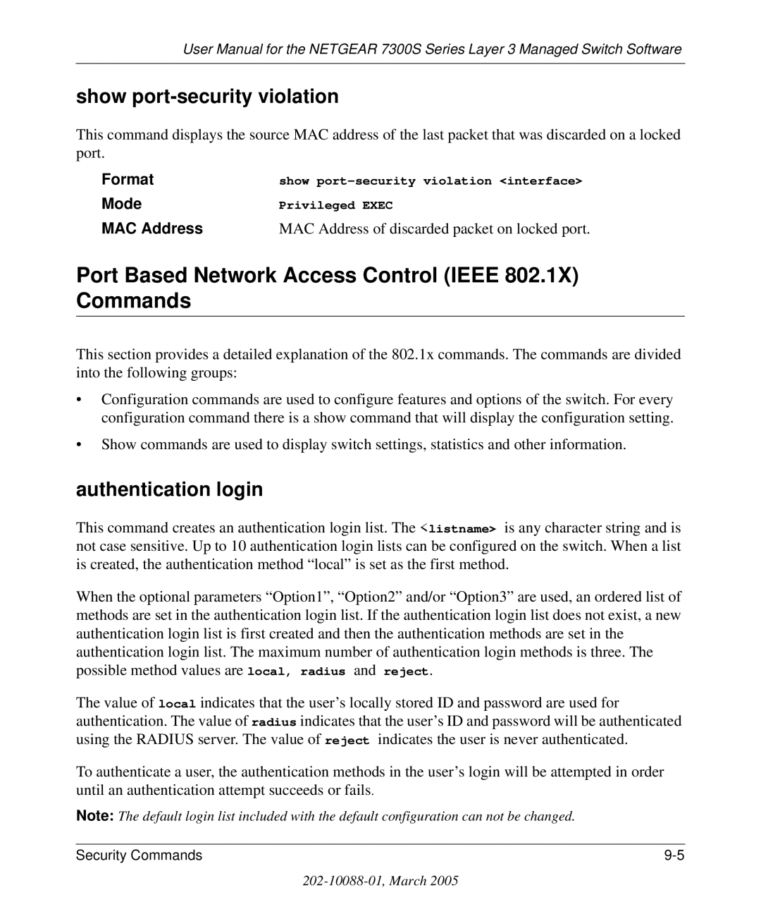 NETGEAR 7300S Port Based Network Access Control Ieee 802.1X Commands, Show port-security violation, Authentication login 