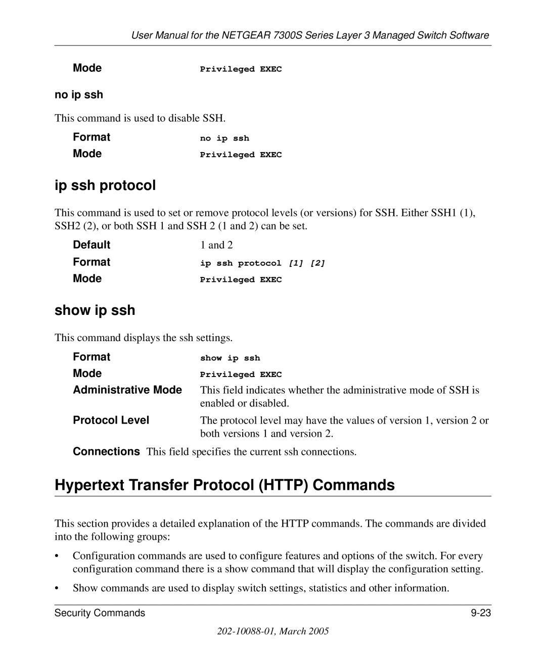 NETGEAR 7300S manual Hypertext Transfer Protocol Http Commands, Ip ssh protocol, Show ip ssh 