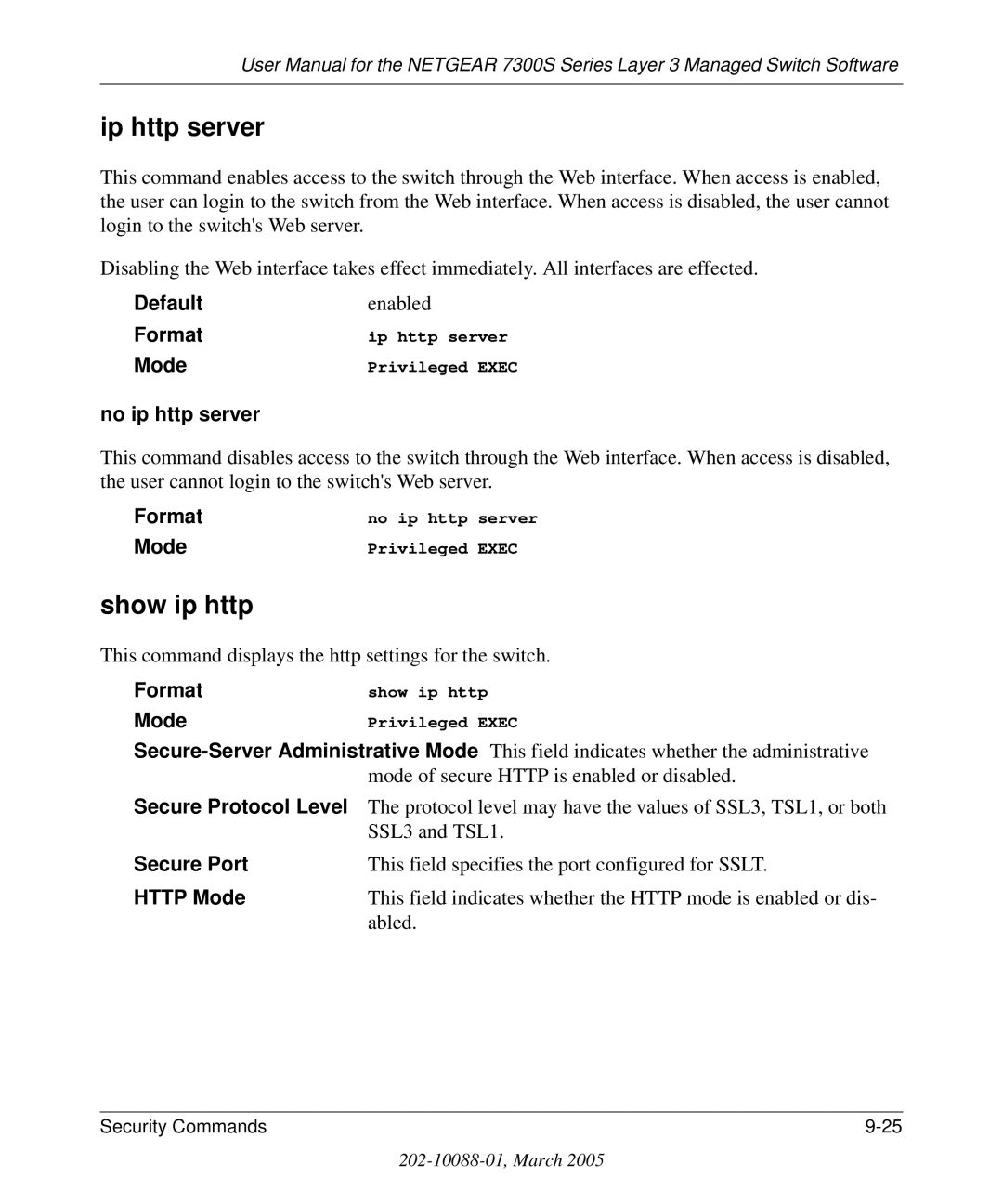 NETGEAR 7300S manual Ip http server, Show ip http, No ip http server, Secure Port, Http Mode 