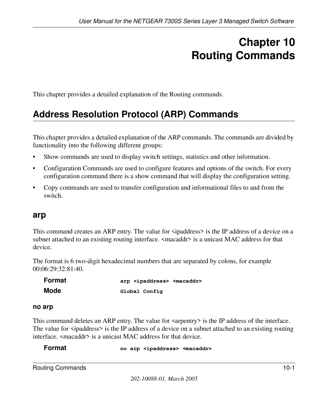 NETGEAR 7300S manual Address Resolution Protocol ARP Commands, Arp, No arp 