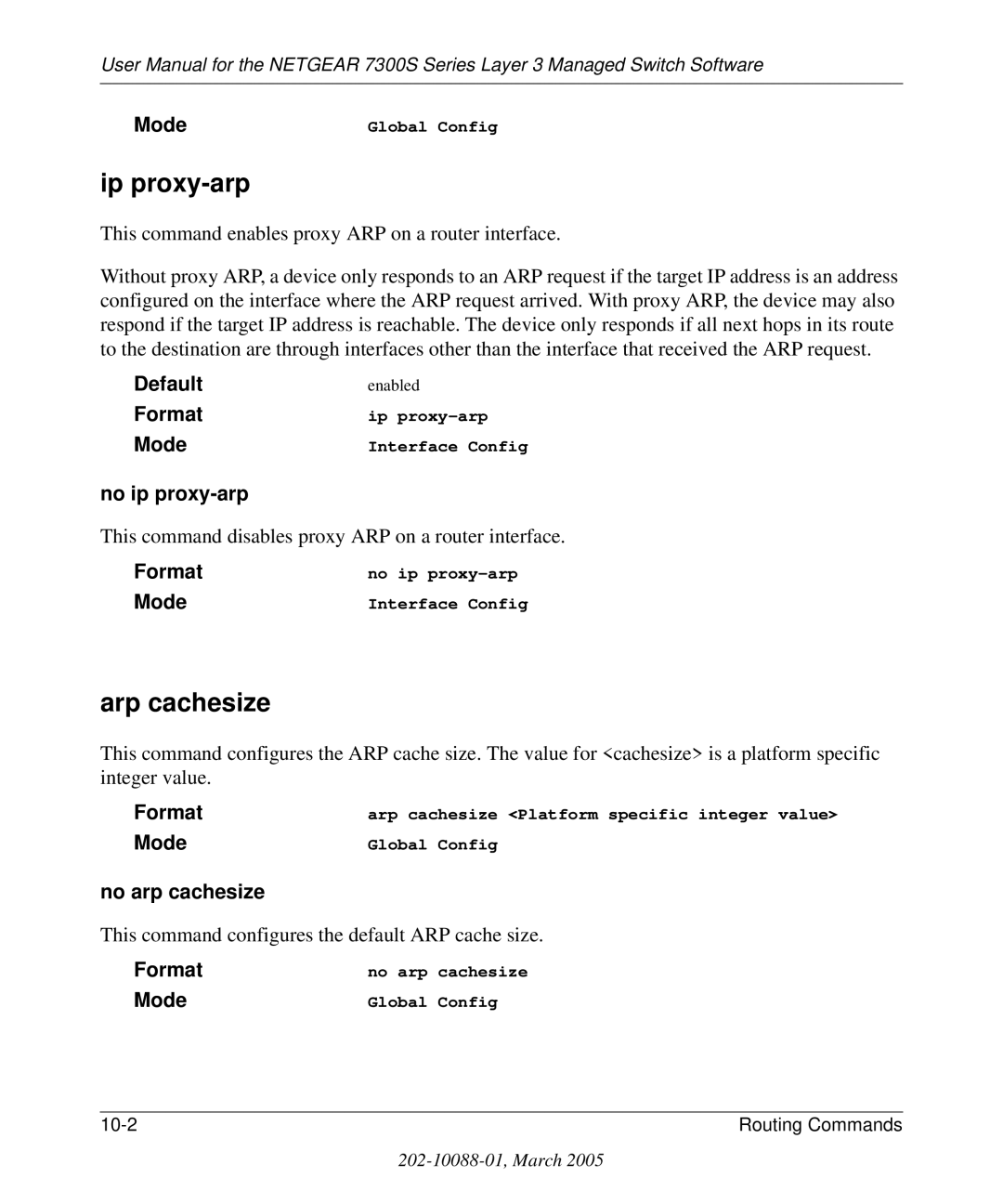 NETGEAR 7300S manual Ip proxy-arp, Arp cachesize, No ip proxy-arp, No arp cachesize 