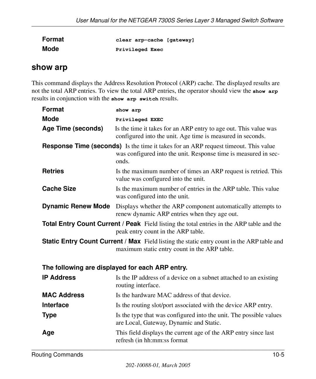 NETGEAR 7300S manual Show arp, Age Time seconds, Retries, Cache Size 