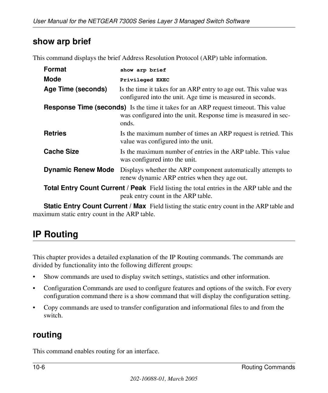 NETGEAR 7300S manual IP Routing, Show arp brief 