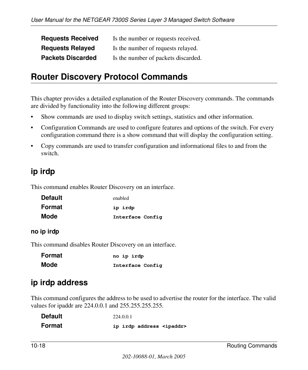 NETGEAR 7300S manual Router Discovery Protocol Commands, Ip irdp address, No ip irdp 