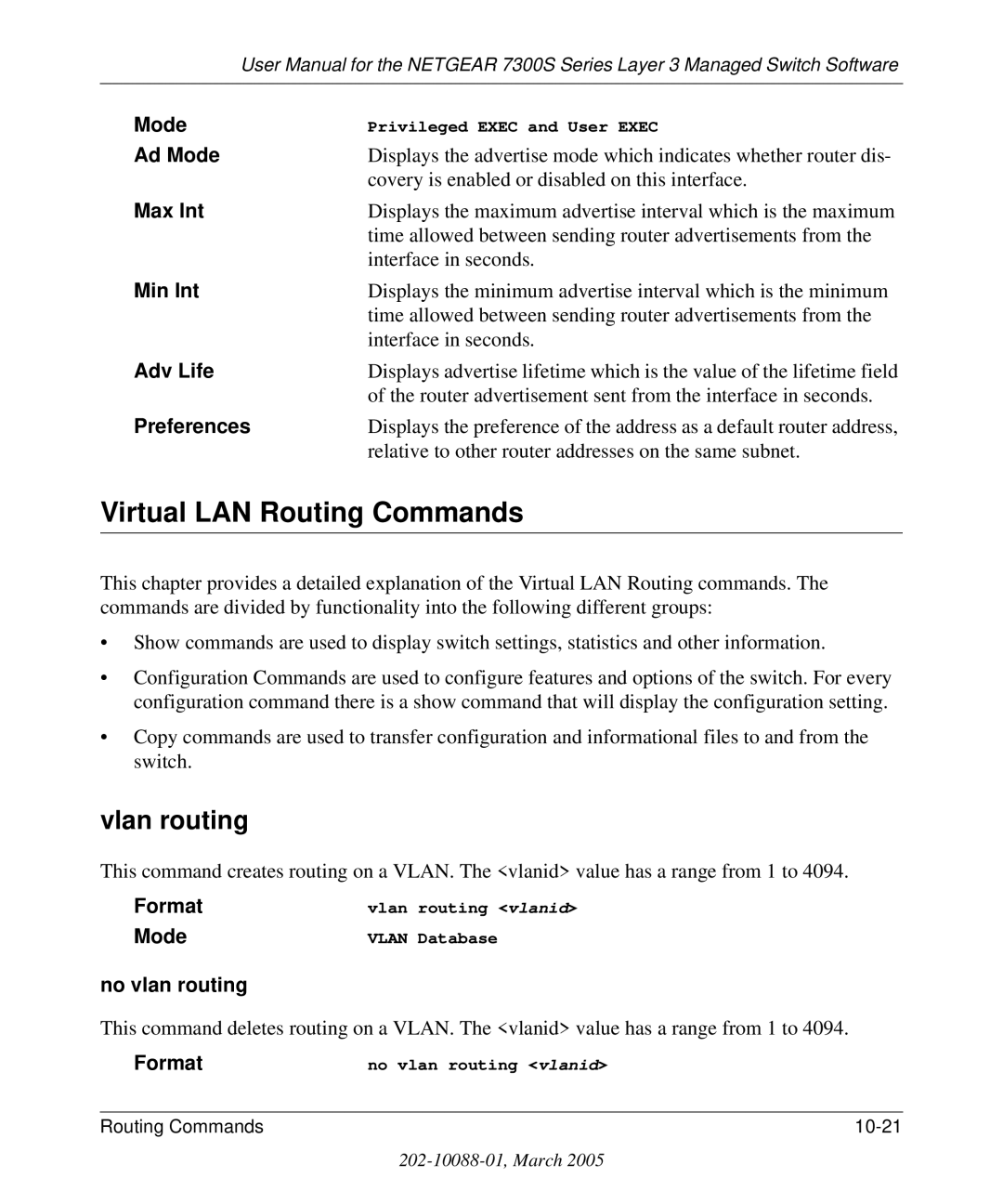 NETGEAR 7300S manual Virtual LAN Routing Commands, Vlan routing 