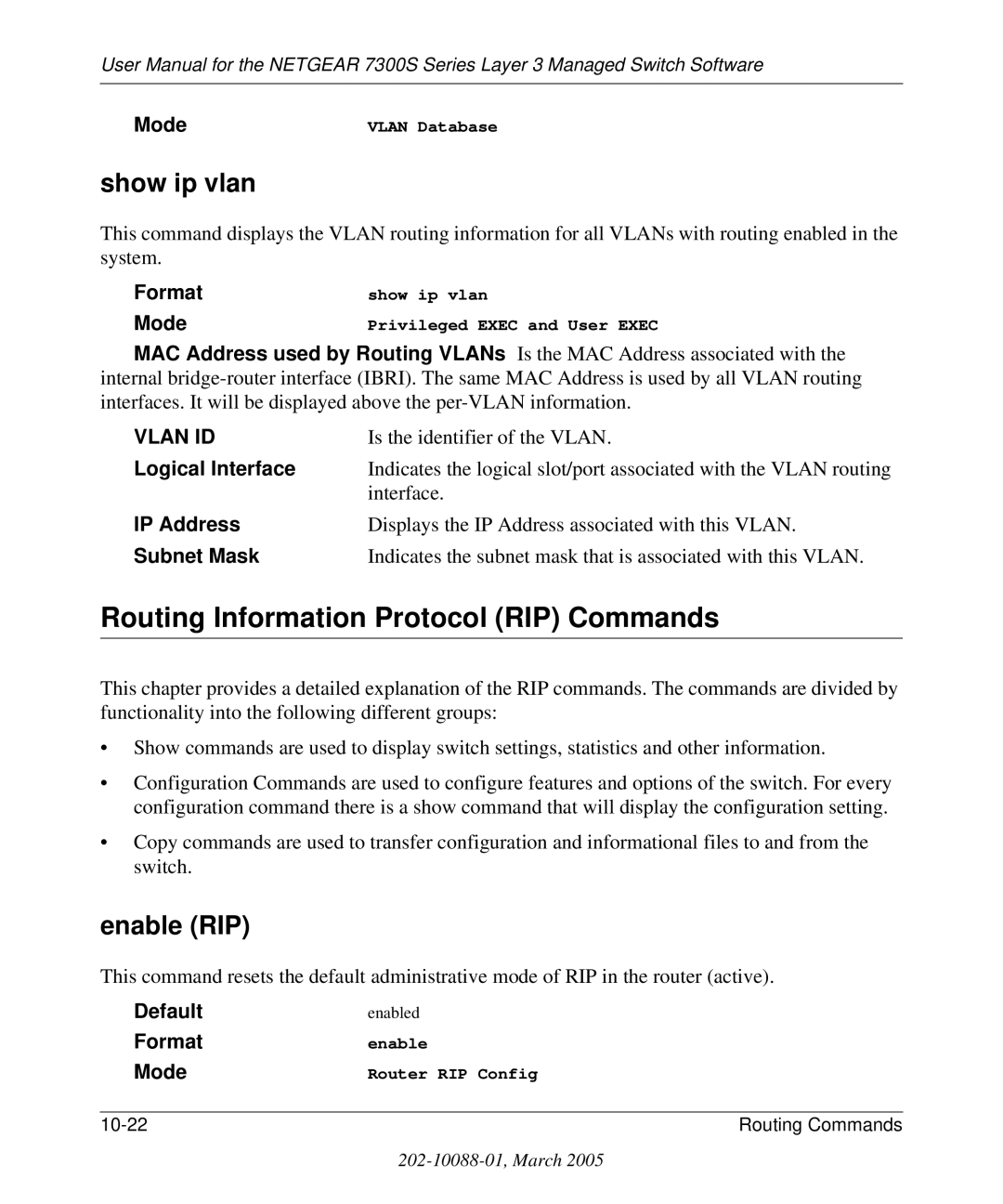 NETGEAR 7300S manual Routing Information Protocol RIP Commands, Show ip vlan, Enable RIP, Logical Interface 