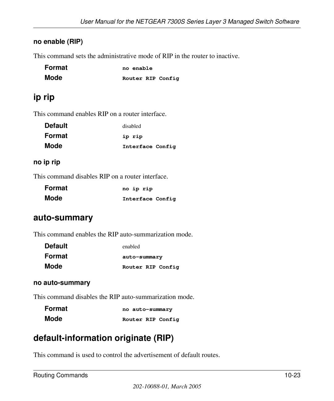 NETGEAR 7300S manual Ip rip, Auto-summary, Default-information originate RIP 