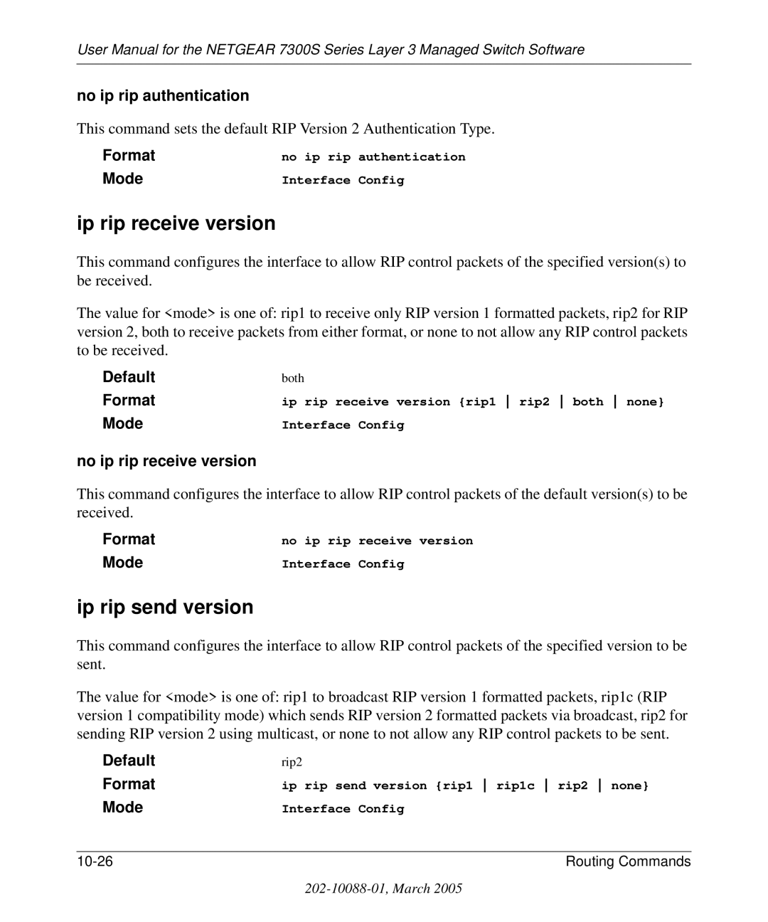 NETGEAR 7300S manual Ip rip receive version, Ip rip send version, No ip rip authentication, No ip rip receive version 