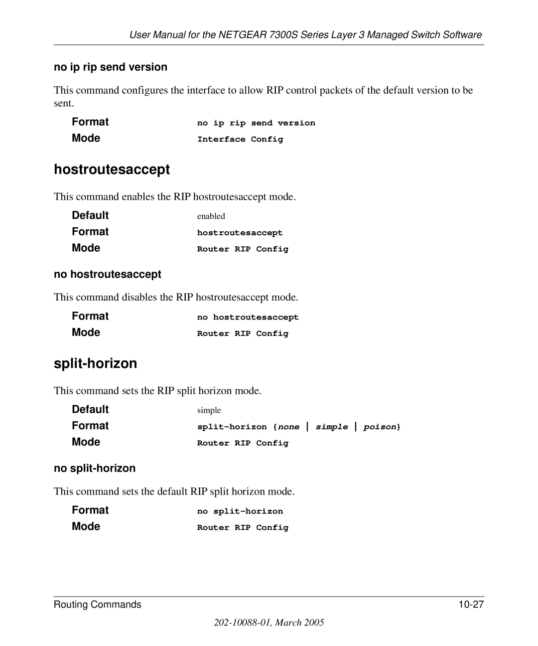 NETGEAR 7300S manual Hostroutesaccept, Split-horizon, No ip rip send version, No hostroutesaccept, No split-horizon 