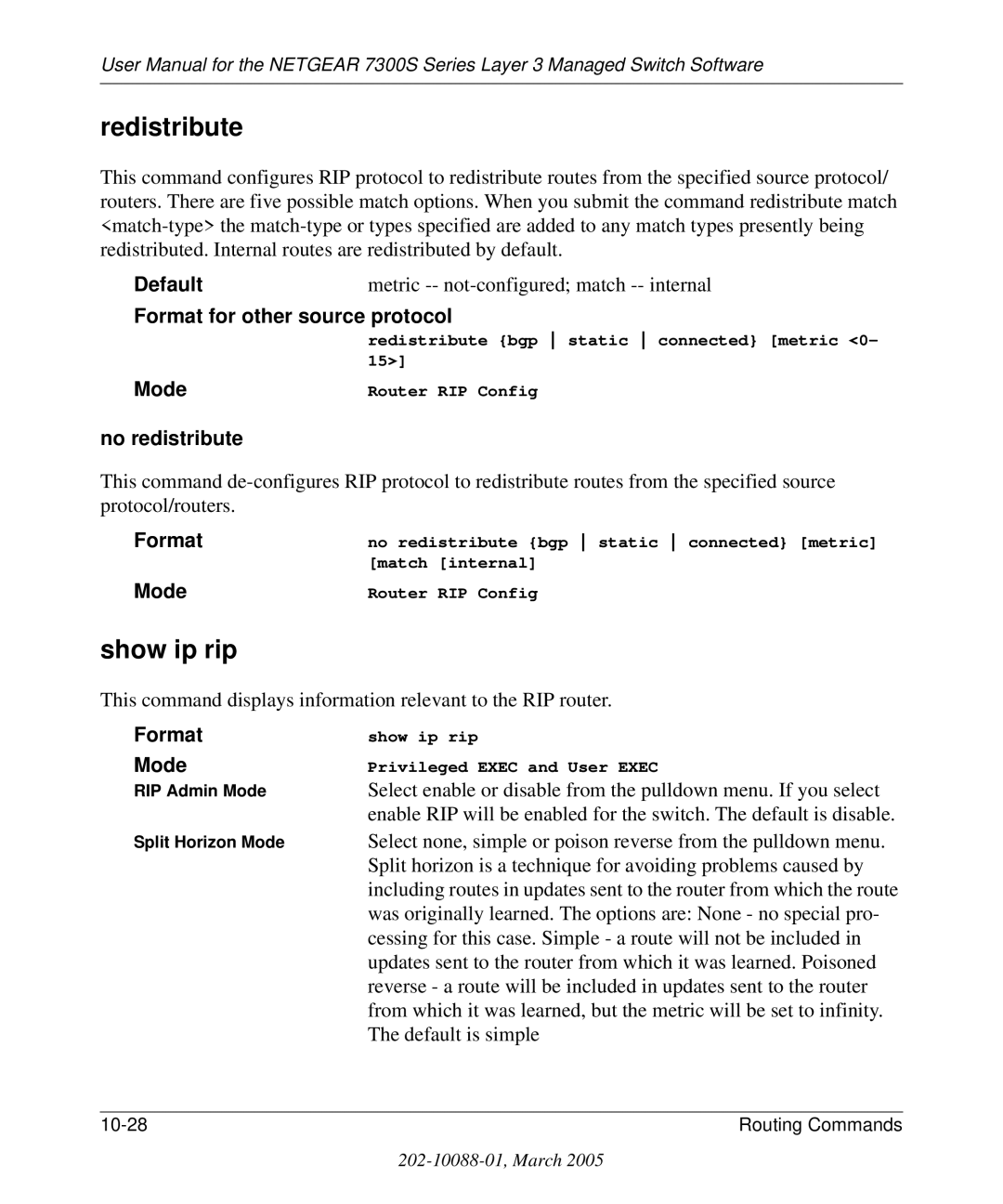 NETGEAR 7300S manual Redistribute, Show ip rip, Format for other source protocol, No redistribute 