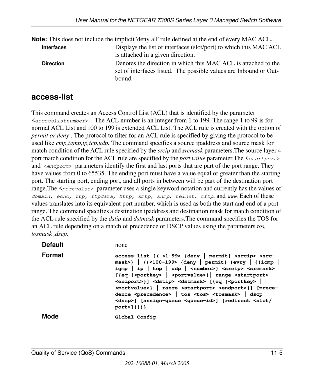 NETGEAR 7300S manual Access-list, Default 