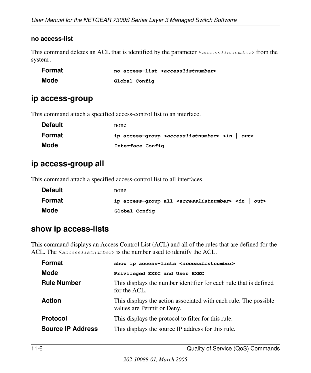 NETGEAR 7300S manual Ip access-group all, Show ip access-lists 