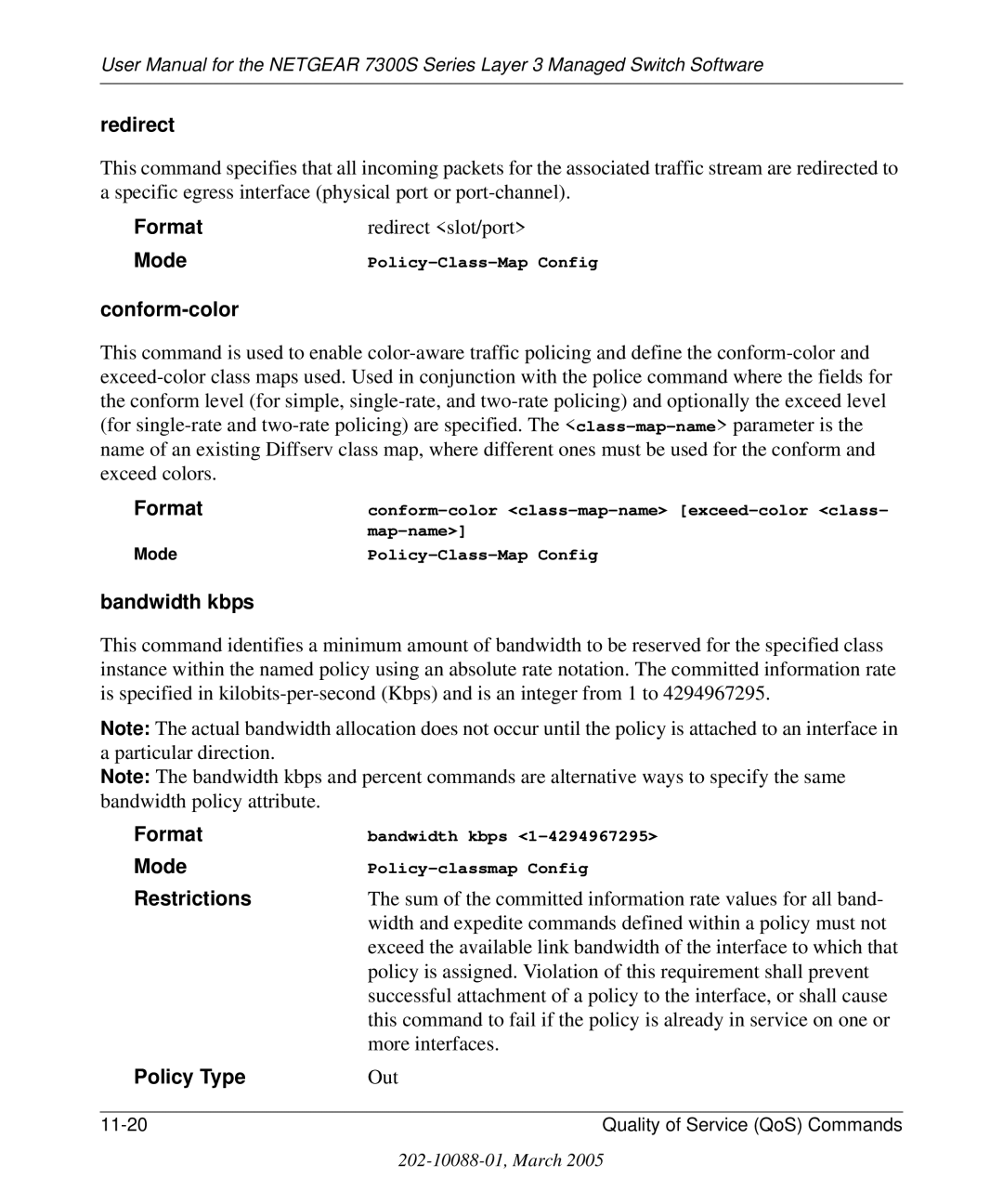 NETGEAR 7300S manual Redirect, Conform-color, Bandwidth kbps, Policy Type 