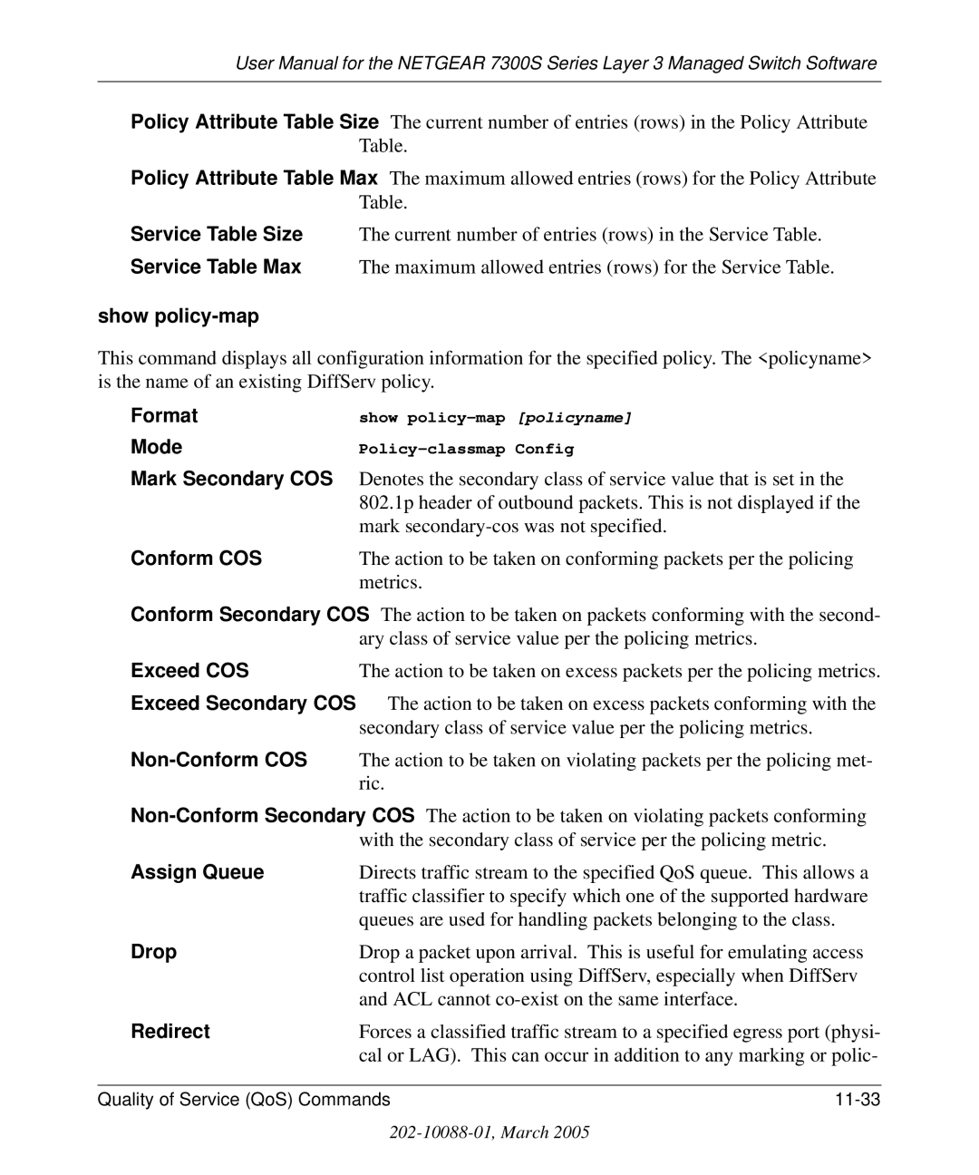 NETGEAR 7300S manual Show policy-map, Conform COS, Assign Queue 