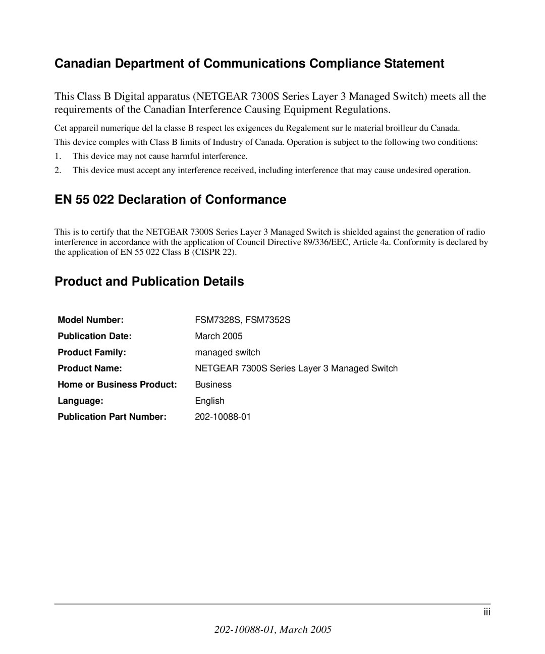 NETGEAR 7300S manual Canadian Department of Communications Compliance Statement 