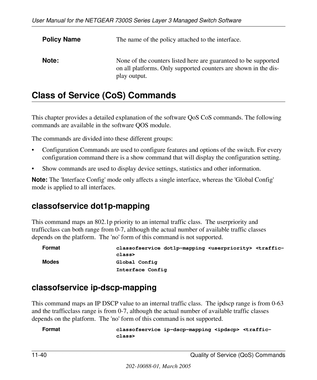 NETGEAR 7300S manual Class of Service CoS Commands, Classofservice dot1p-mapping, Classofservice ip-dscp-mapping 